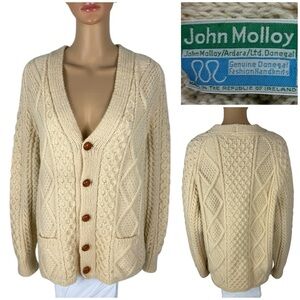 John Molloy Irish Cardigan Sweater Womens Large Cream Wool Cable Knit Vintage